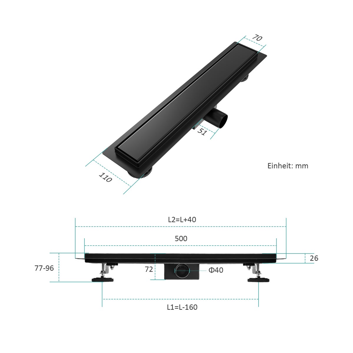 EMKE RVS doucheafvoer 2-in-1 complete set, 500 mm, betegelbaar, extra plat, zwart met haarzeef en sifon - Standaardmaat adapter 40/50 mm, installatiehoogte 77-96 mm, waterstroom 30 l/min.