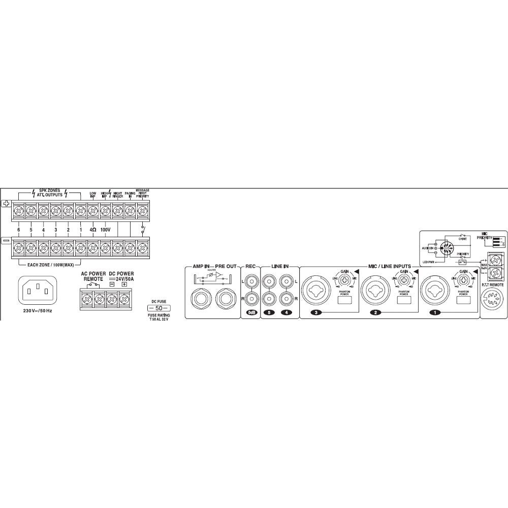 Monacor PA-6600 mono mixer-versterker met 6 zones