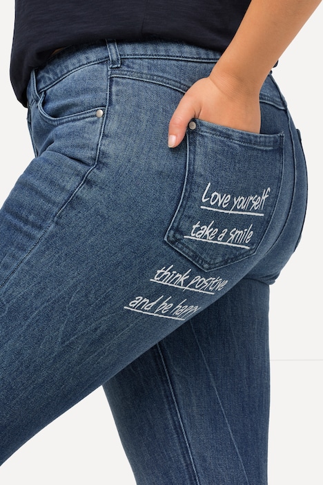 Jeans Sarah, Schriftdruck, High Waist, schmal, Fransen