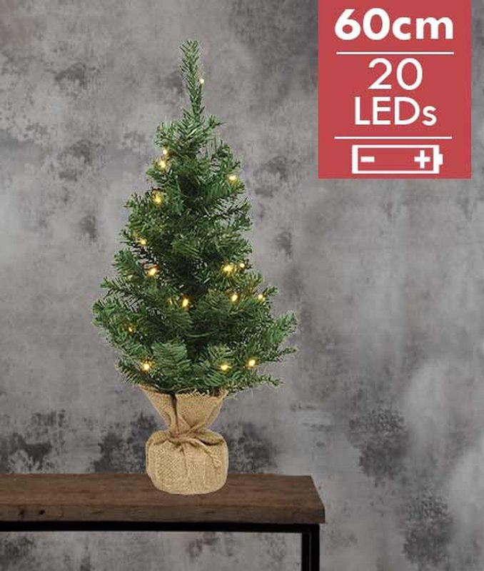 Everlands Mini Kunstkerstboom 60cm - Met 20 LED Lampjes en Jute Zak