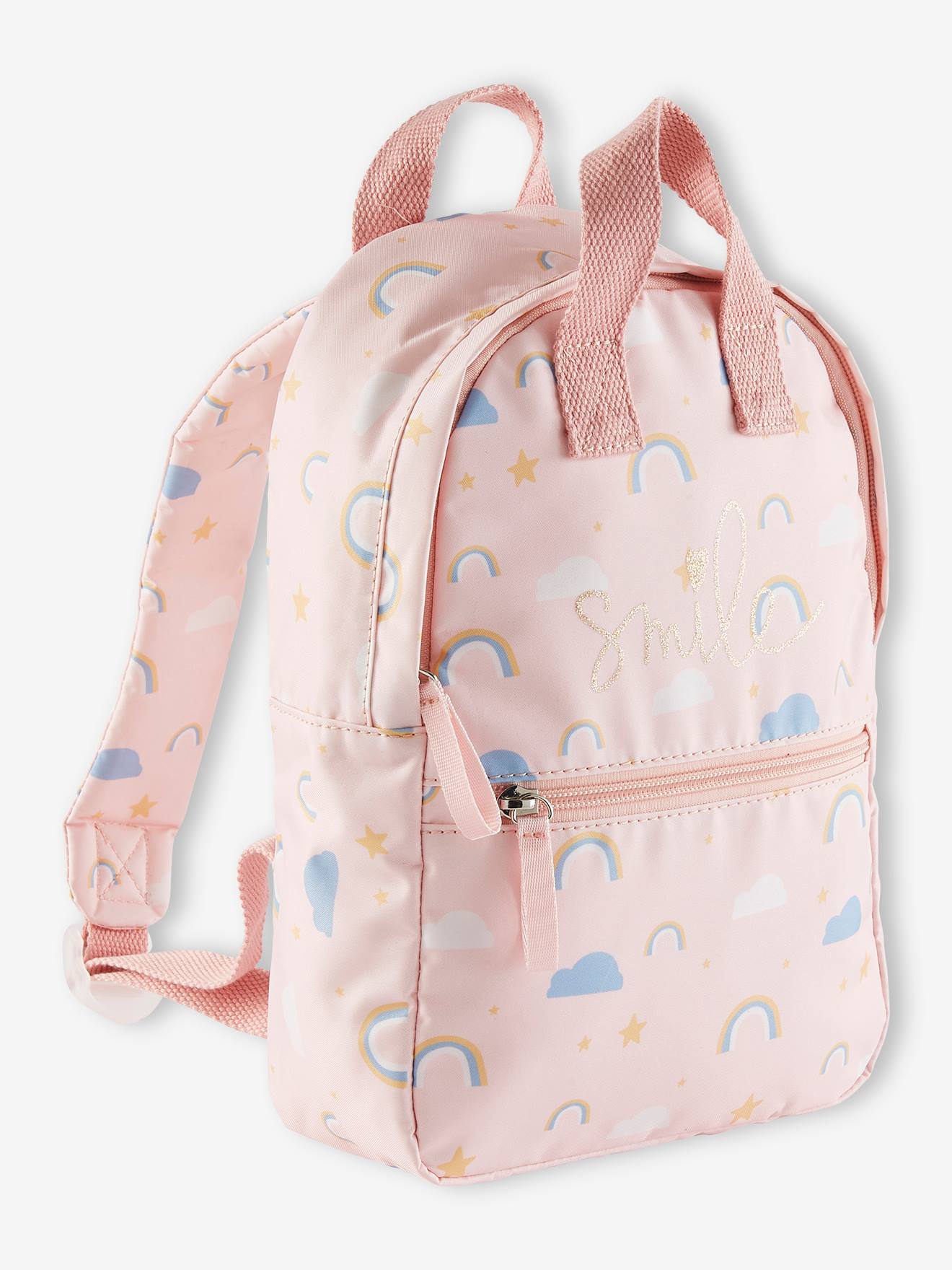 Mochila rosa claro com estampa de arco-íris