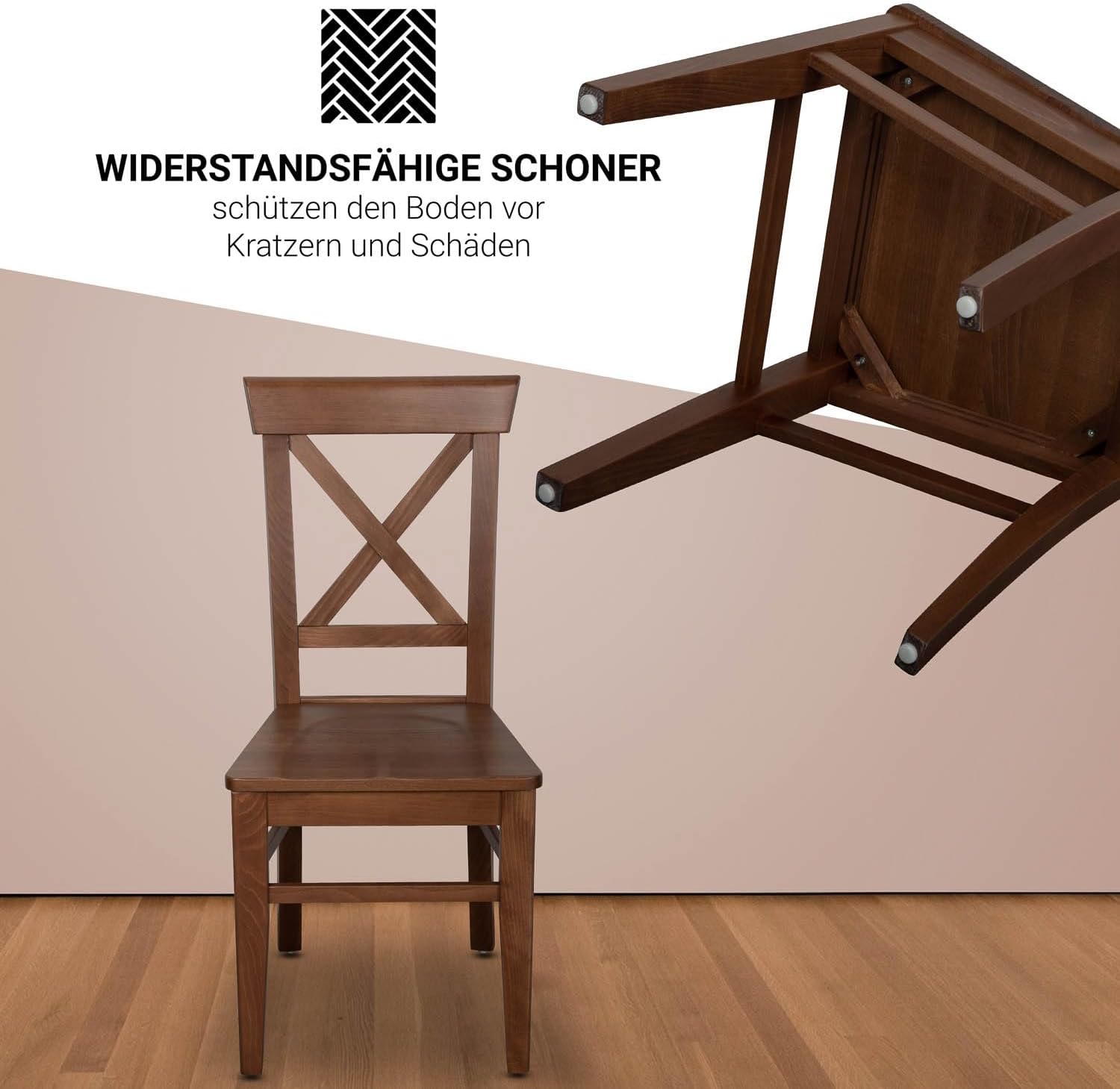 CH24 Esszimmerstuhle 2er Set Holz Stuhl bis 150 kg - Fertig montiert - Küchenstuhl 100% Massive Kernbuche Holzstuhl (Nussbaum)