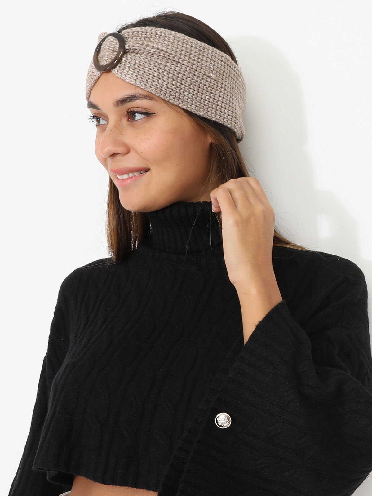Bandeau maille côtelée avec anneau- Taupe