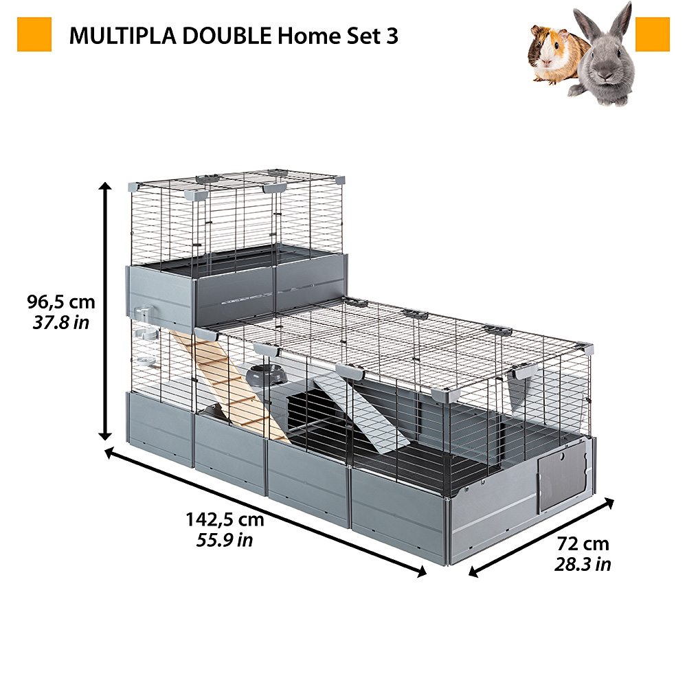 Cage modulable à deux niveaux pour lapins cochons d'inde multipla double, en grillage métallique et plastique recyclé, avec