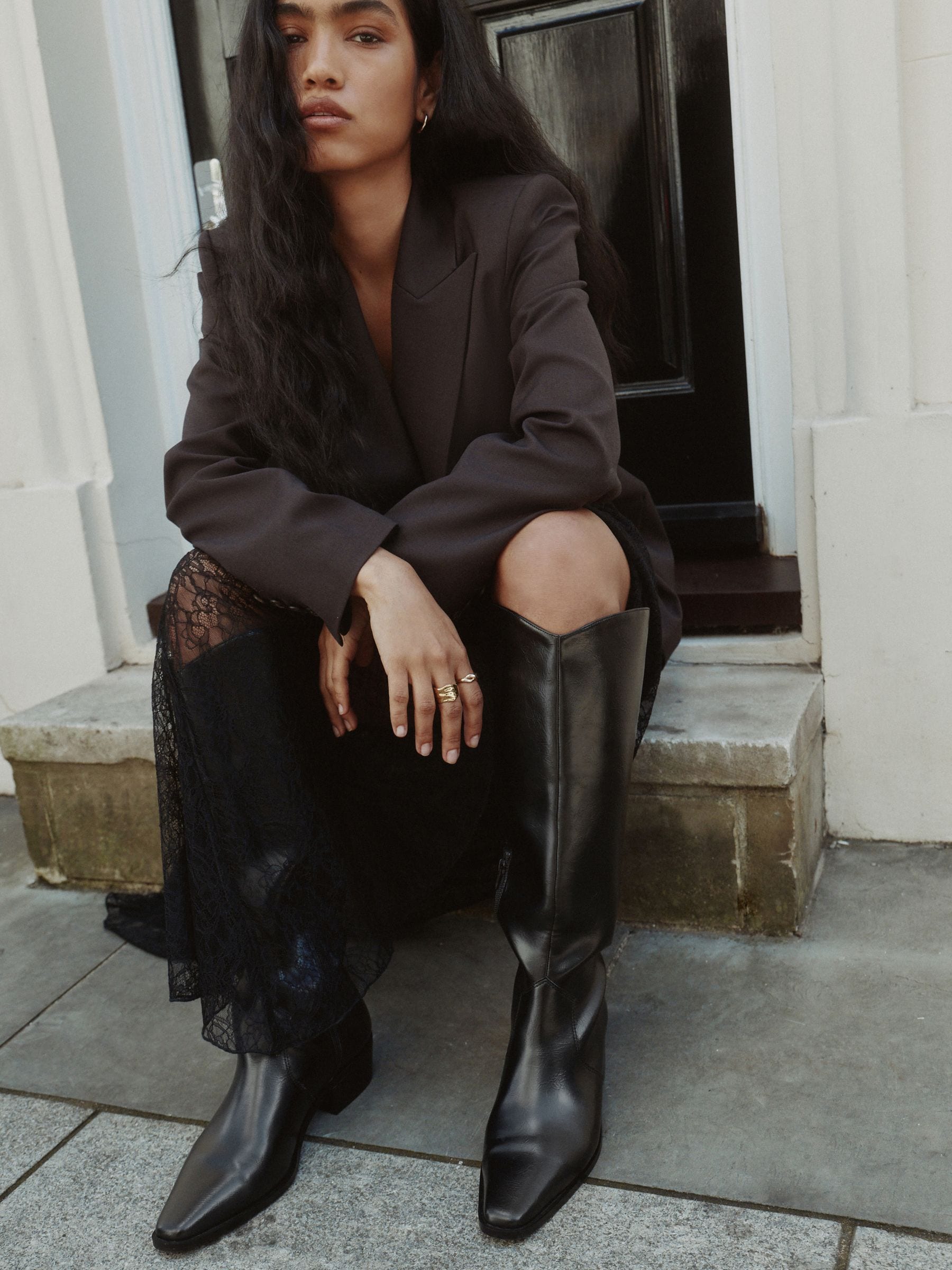 Black Crinkle Texture - Forever Comfort® Chisel Toe Knee High Boots