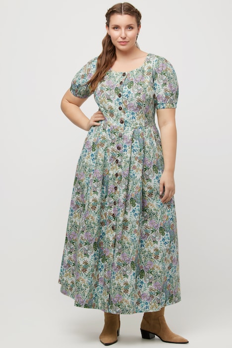 Midikleid, Blüten, Leinenmix, Rundhals, Puff-Halbarm