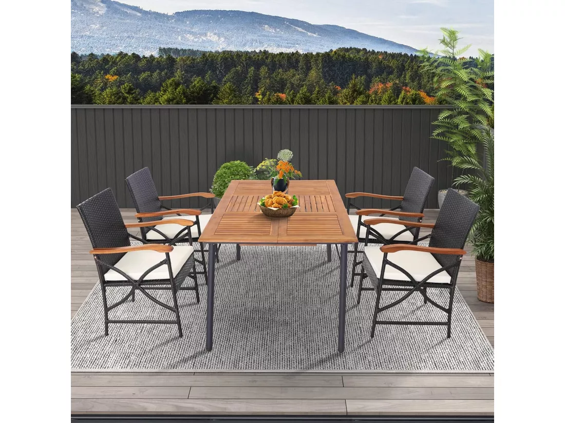 Fauteuil de Jardin Éxterieur Lot de 2 avec Coussins, Chaise Jardin Exterieur en Rotin et fibre naturelle PE avec Accoudoirs en Bois, Cadre en X, Hauteur d'Assise 40 cm, pour Salon, Terrasse, Patio