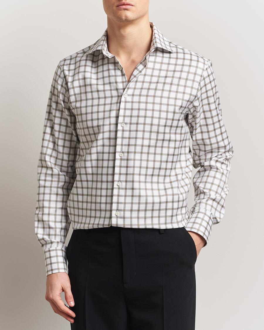 Stenströms Fitted Body Checked Cut Away Shirt Taupe/White