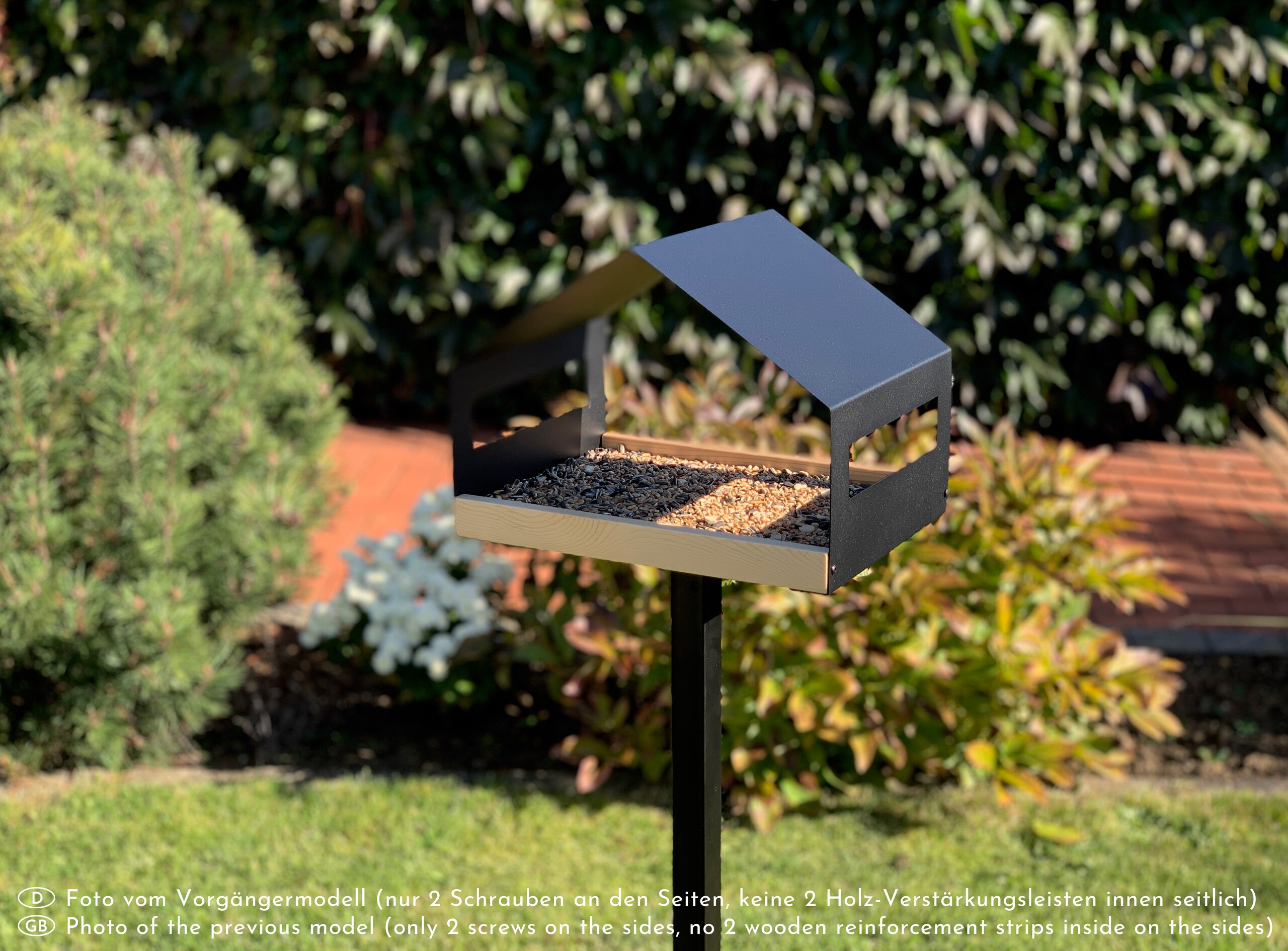 WONDERMAKE® Design Vogelhaus mit Ständer aus Metall und Holz wetterfest, modernes Vogelfutterhaus groß Metalldach stehend, Vogelhäuschen Futterhaus für Vögel zum Stellen XL