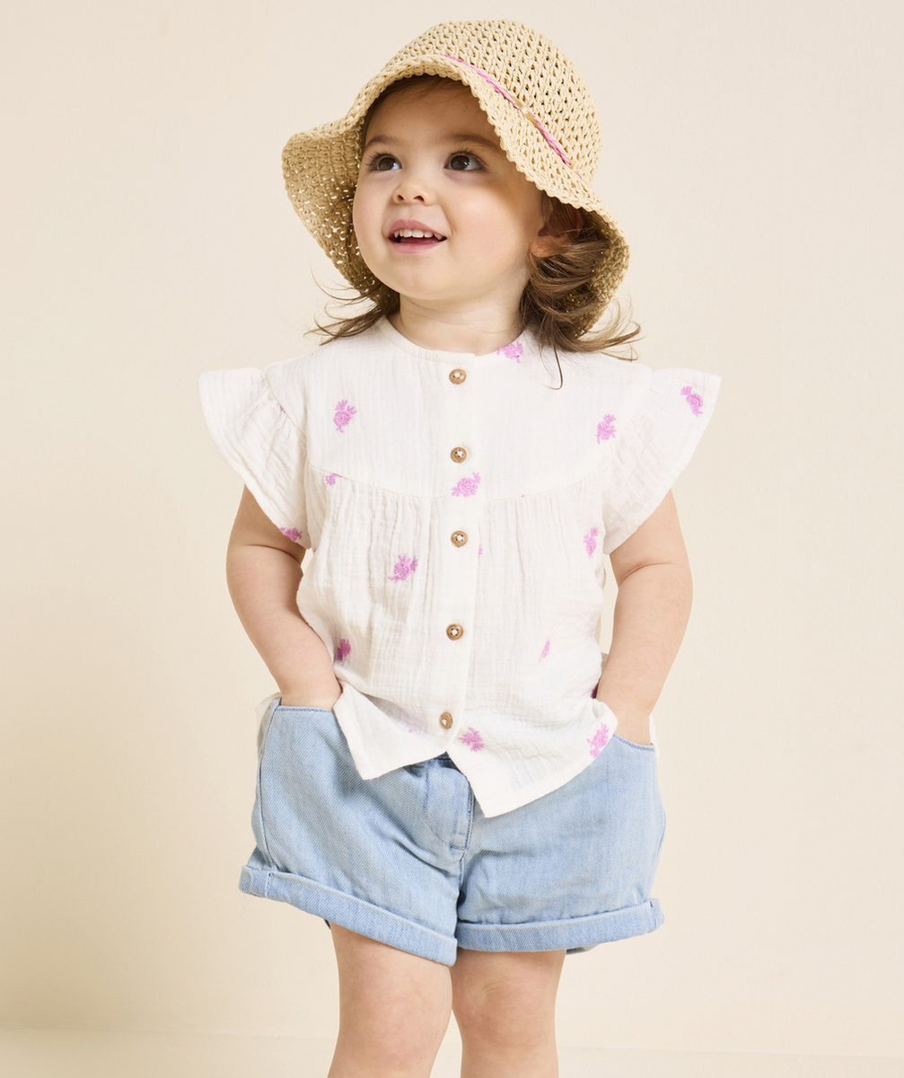 SHORT BÉBÉ FILLE EFFET DENIM EN COTON À FAIBLE IMPACT ENVIRONNEMENTAL