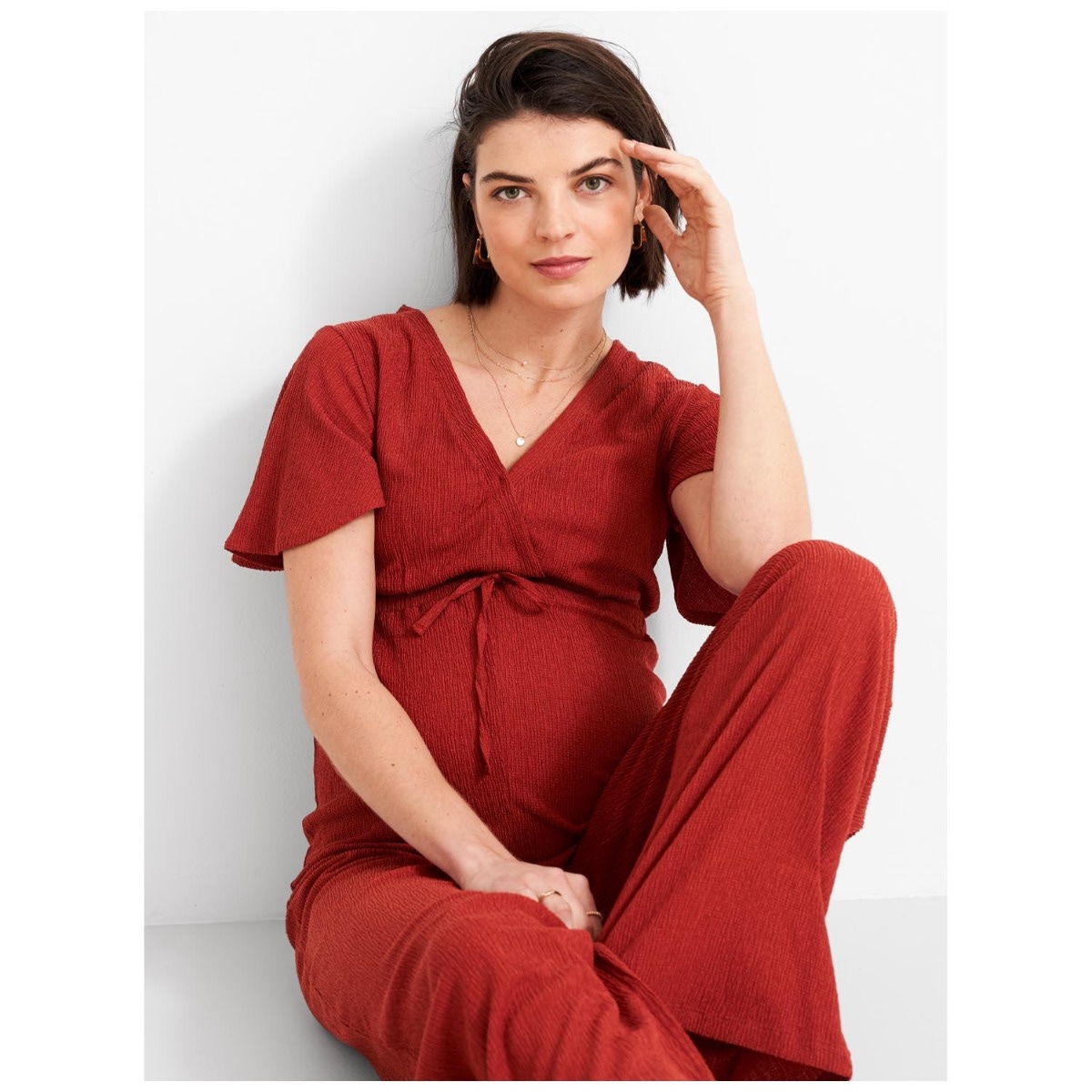 Prénatal zwangerschapsjumpsuit korte mouwen effen rood