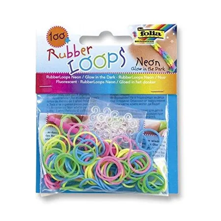 Folia Rubber Loops Gummibänder Neon Mix, 100 stk, 12 Clips + 1 Nadel, bunt