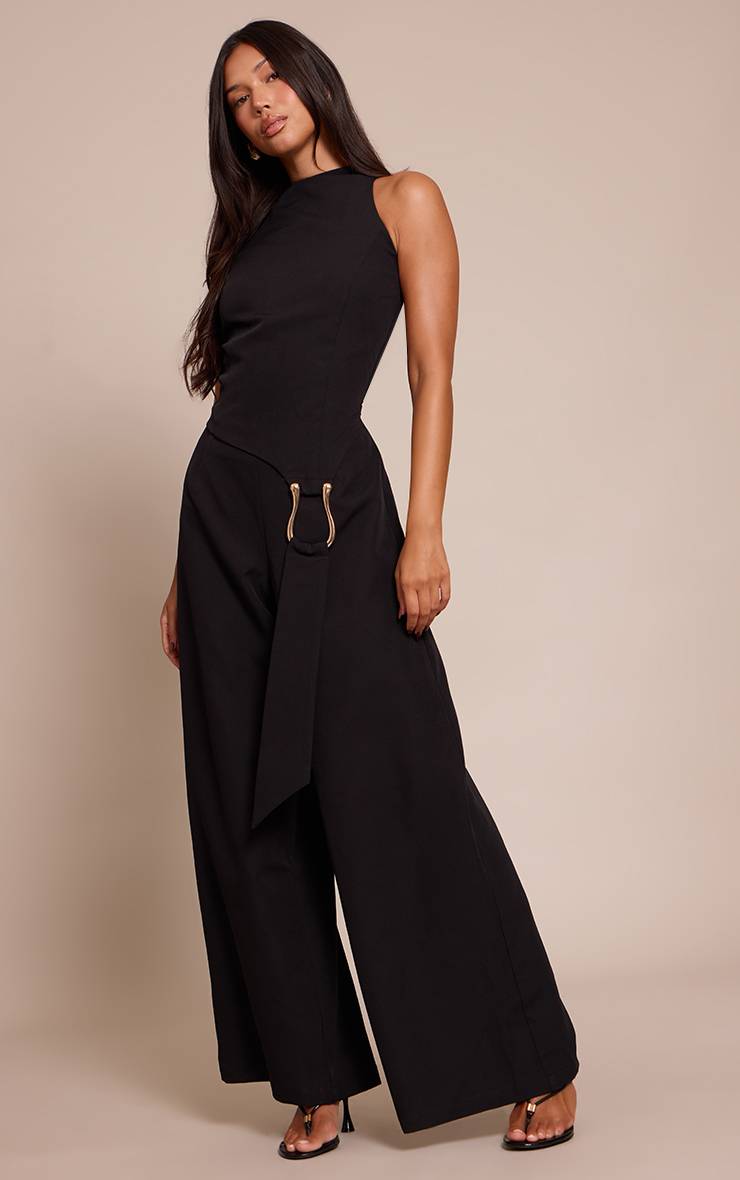 Noir Combinaison Pantalon Droit Avec Ceinture Tissée Et Détail Ajusté