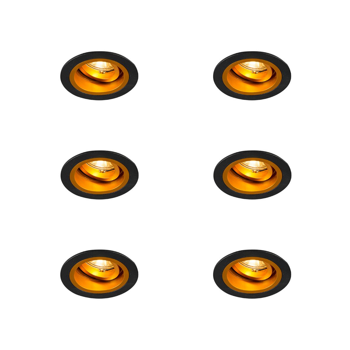 Set van 6 Inbouwspot rond zwart met goud draai- en kantelbaar - Chuck