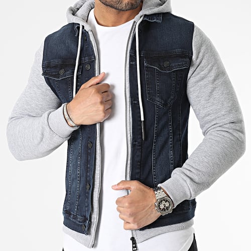 Veste Jean Capuche Bleu Brut Gris Chiné