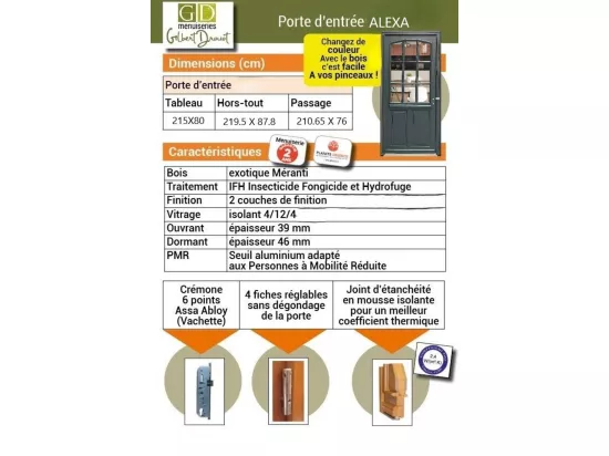 Porte D'Entrée Bois Vitrée, Alexa , Gris Ral7016, H,215Xl,80 P, Droit Cote Tableau + Poignée Et Barillet ( Ref 010723No)