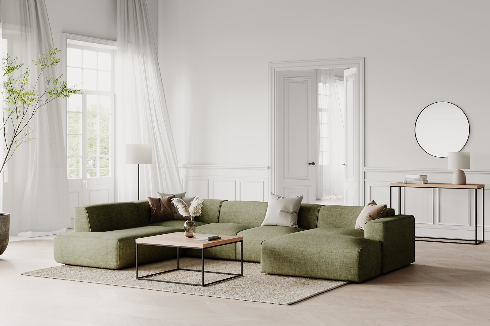 Enjoy U-sofa oppsett Åpen ende venstre liten, hjørne, 2-seter, sjeselong høyre liten i tekstil Brego 77 Green med sorte ben