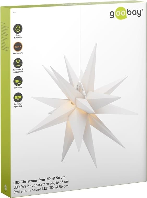 Goobay LED julestjerne 3D, Ø 56 cm, batteridrevet med timer og 18 spidser, varm hvid (3000 K), fremstillet af vejrbestandigt plast (IP44), 2 m kabel
