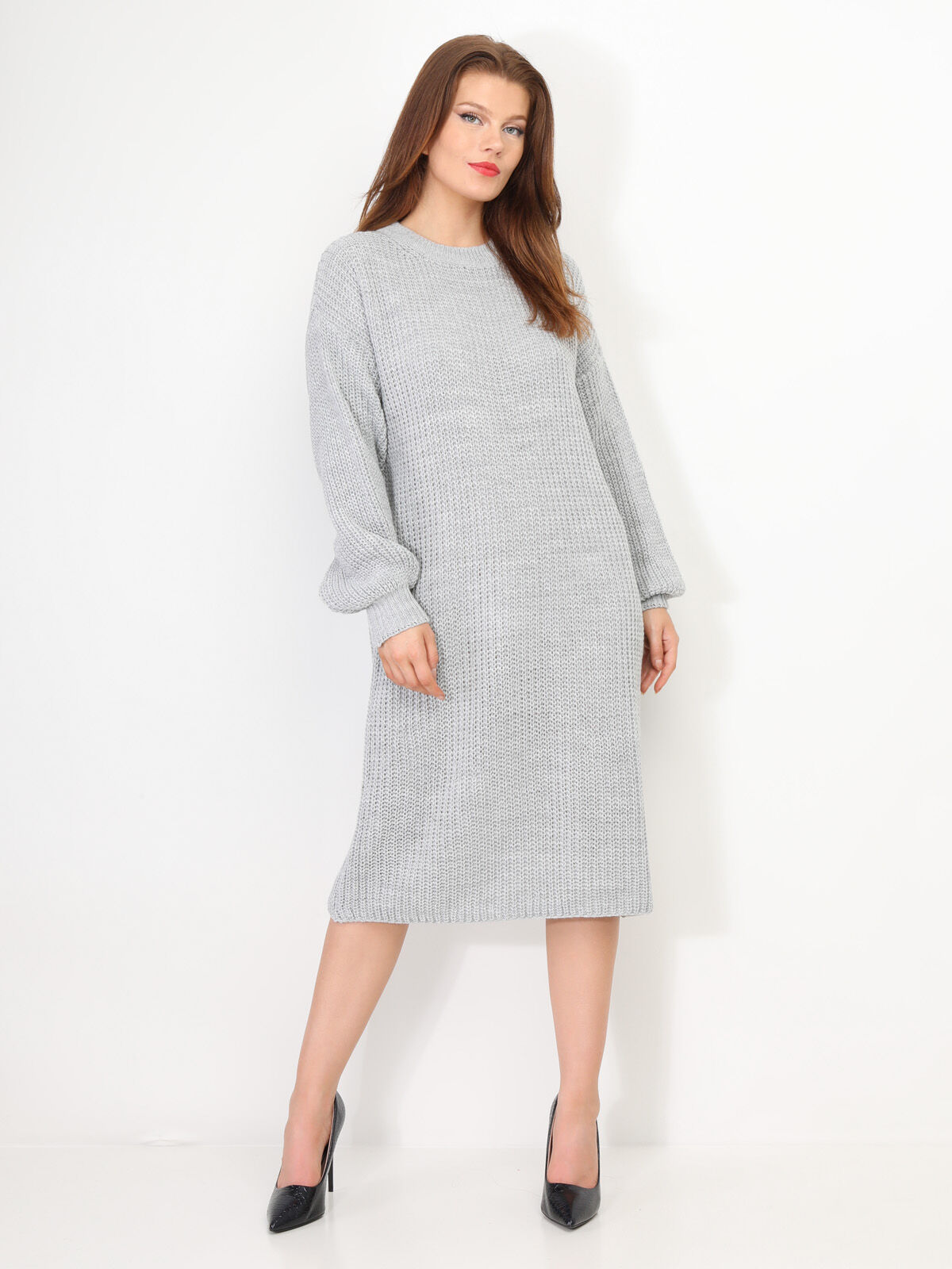Robe pull mi-longue à manches bouffantes- Gris