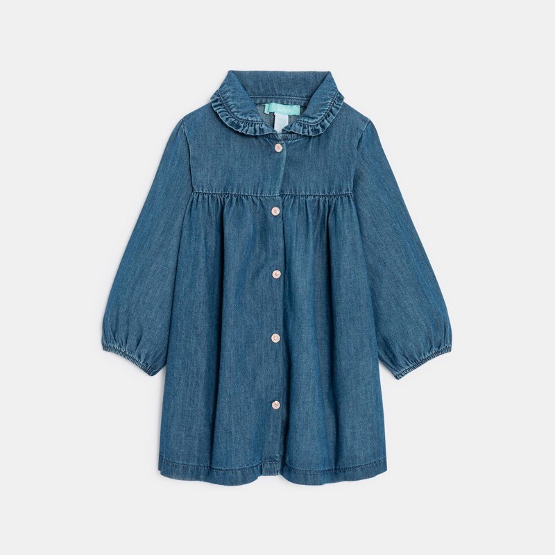 Robe denim léger et legging côtelé fleuri bébé fille Bleu