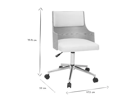 Chaise de bureau à roulettes design blanc, bois clair et acier chromé MAYOL