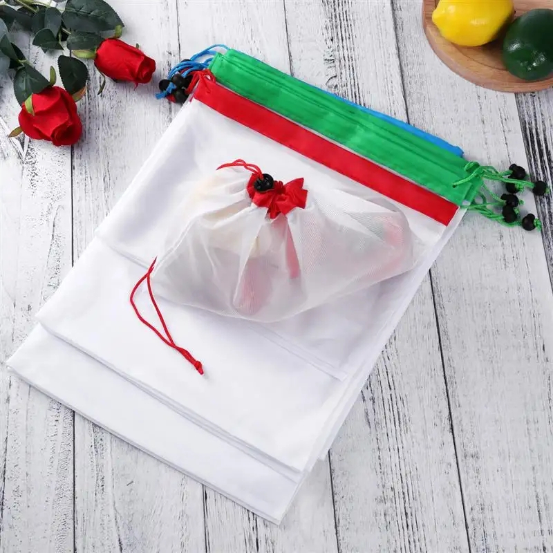(12er Set) Wiederverwendbare Stoff Netztaschen Gemüse / Obst Beutel mit Kordelzug - Assortiert