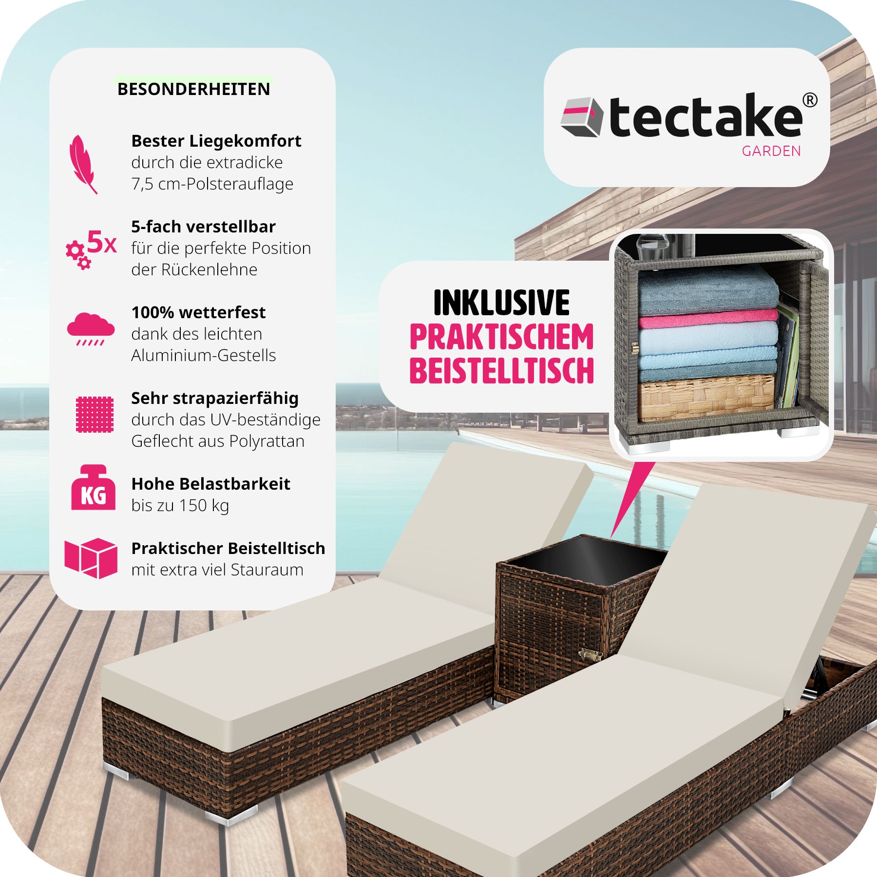 tectake® 2er Set Rattan Sonnenliegen, mit Aluminiumgestell, 5-fach verstellbare Rückenlehne, Dicke des Polsters 7,5 cm, inklusive Schutzhülle