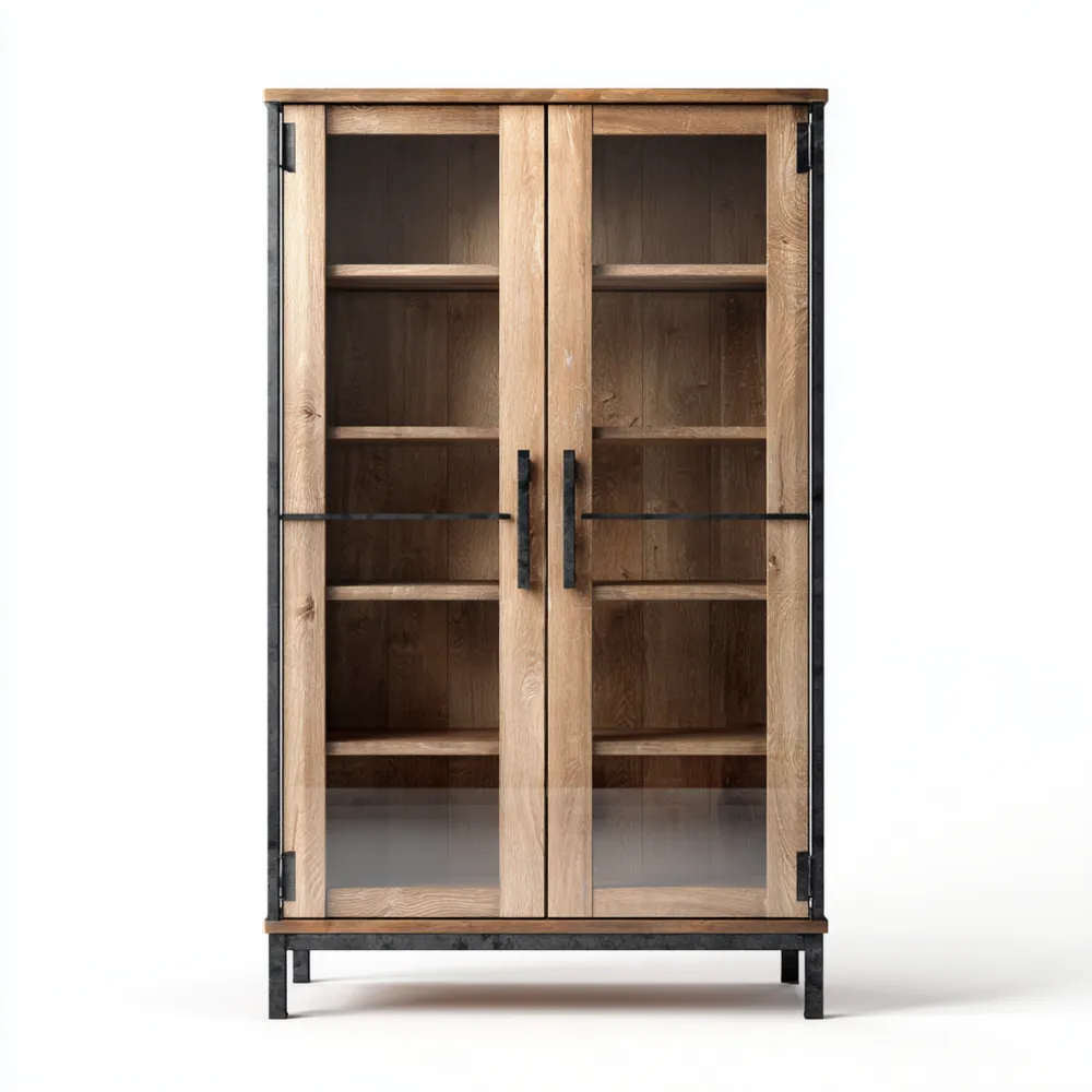 Vitrine Holz-Metall 120x200x45 cm - Natur – Industrieller Stil