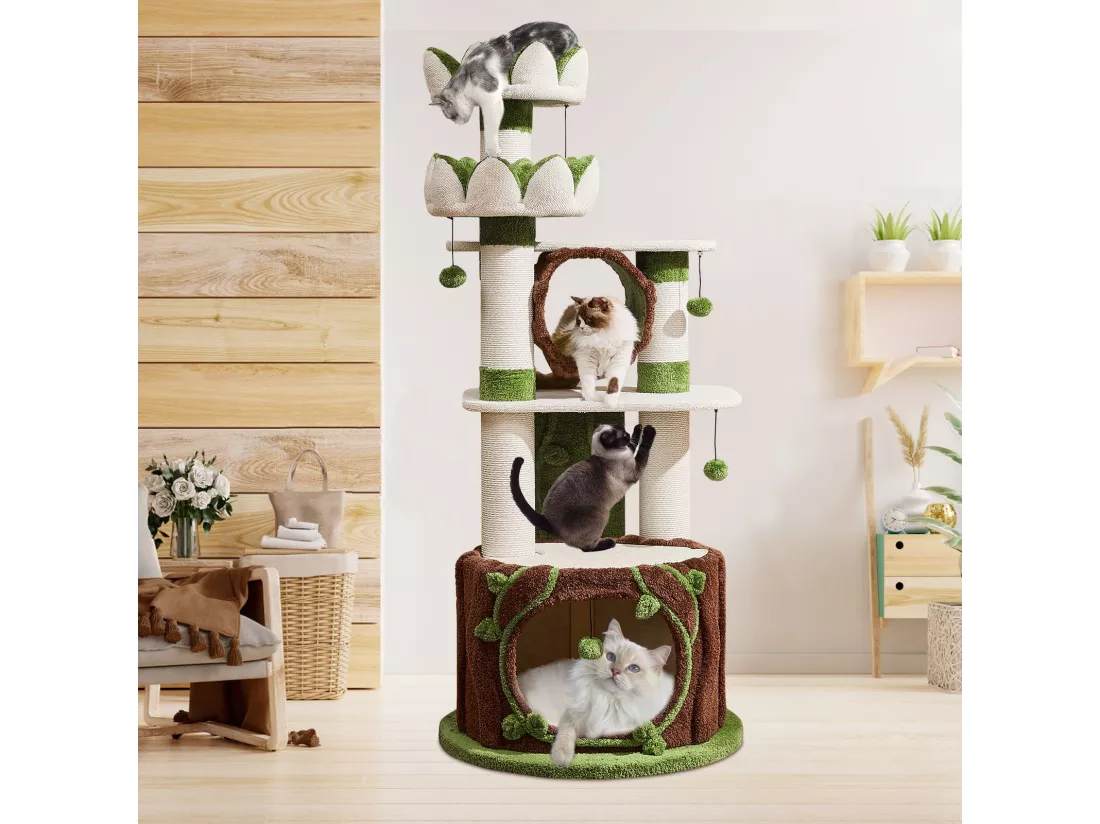 Arbre à chat en bois massif, d80cm×h185cm, blanc