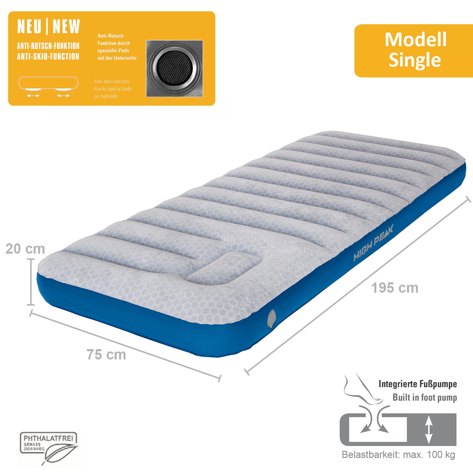 HIGH PEAK Luftbett Cross Beam XL - Isomatte Camping Luftmatratze Gästebett Pumpe Größe: Single