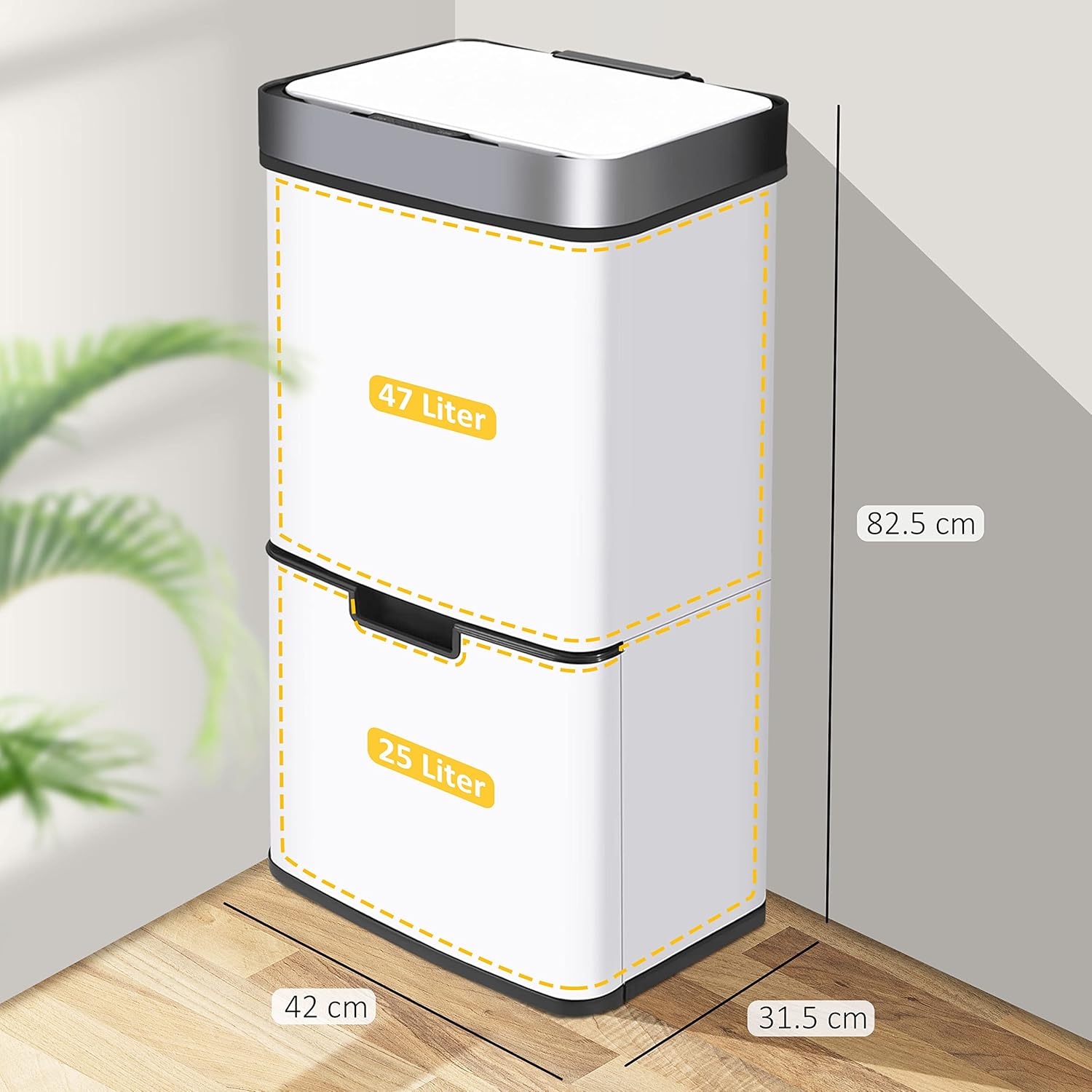Ribelli Edelstahl - Mülltrennsysteme mit 3+1 Fächer - Mülleimer mit Sensor - 72 Liter (2x12 + 1x48 L) - Design Treteimer aus Edelstahl - Weiß