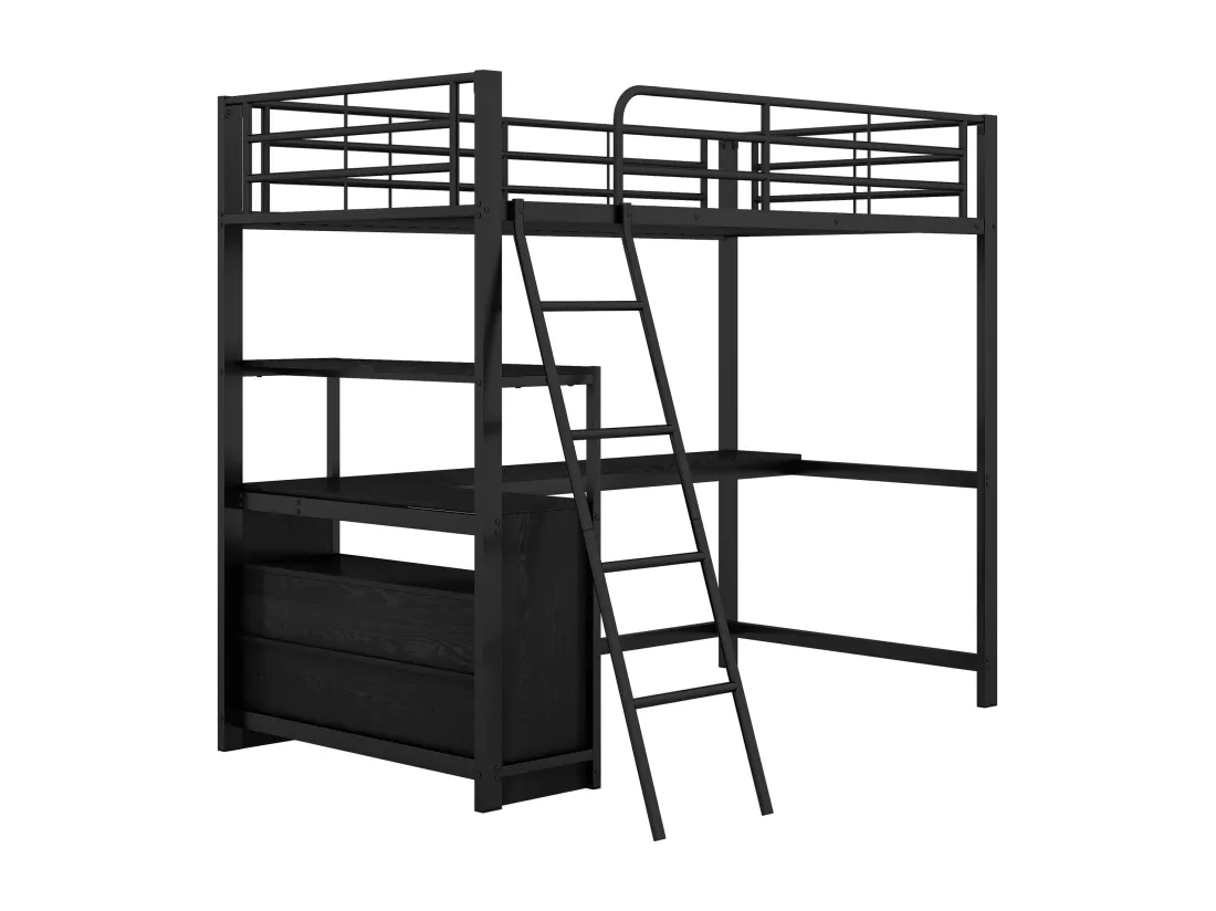 Lit mezzanine 90x200cm - bureau d'angle avec tiroirs - en MDF et métal - Noir