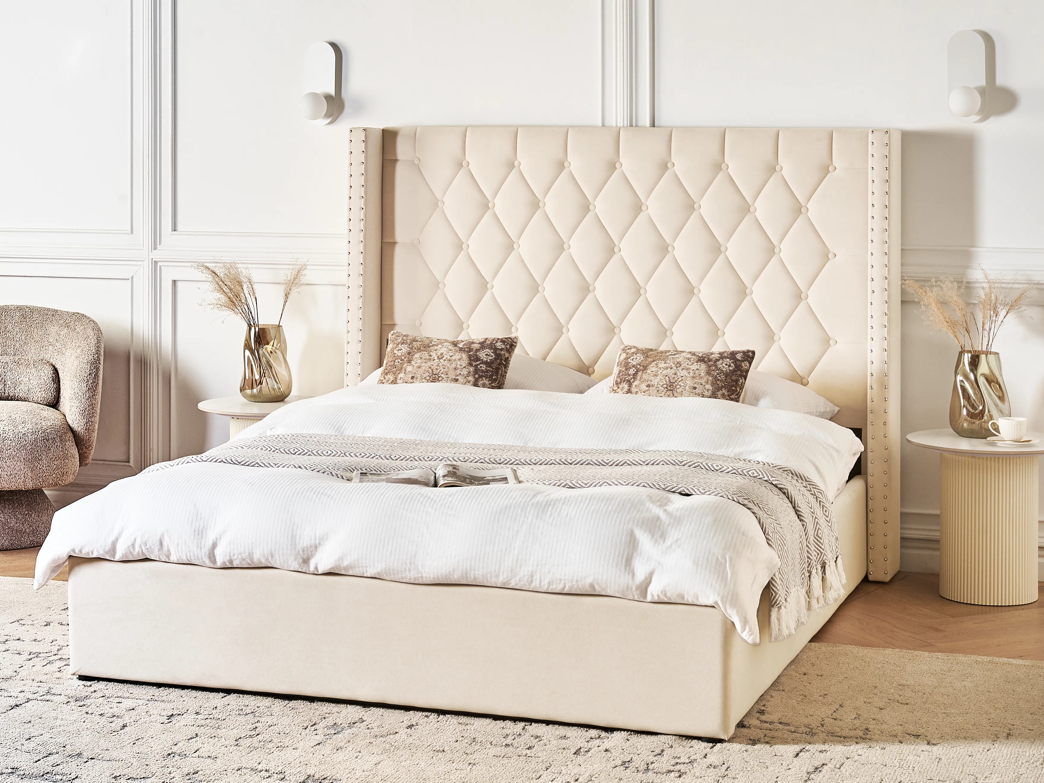 Bed met opbergruimte Fluweel LUBBON 160 x 200 cm Gebroken wit