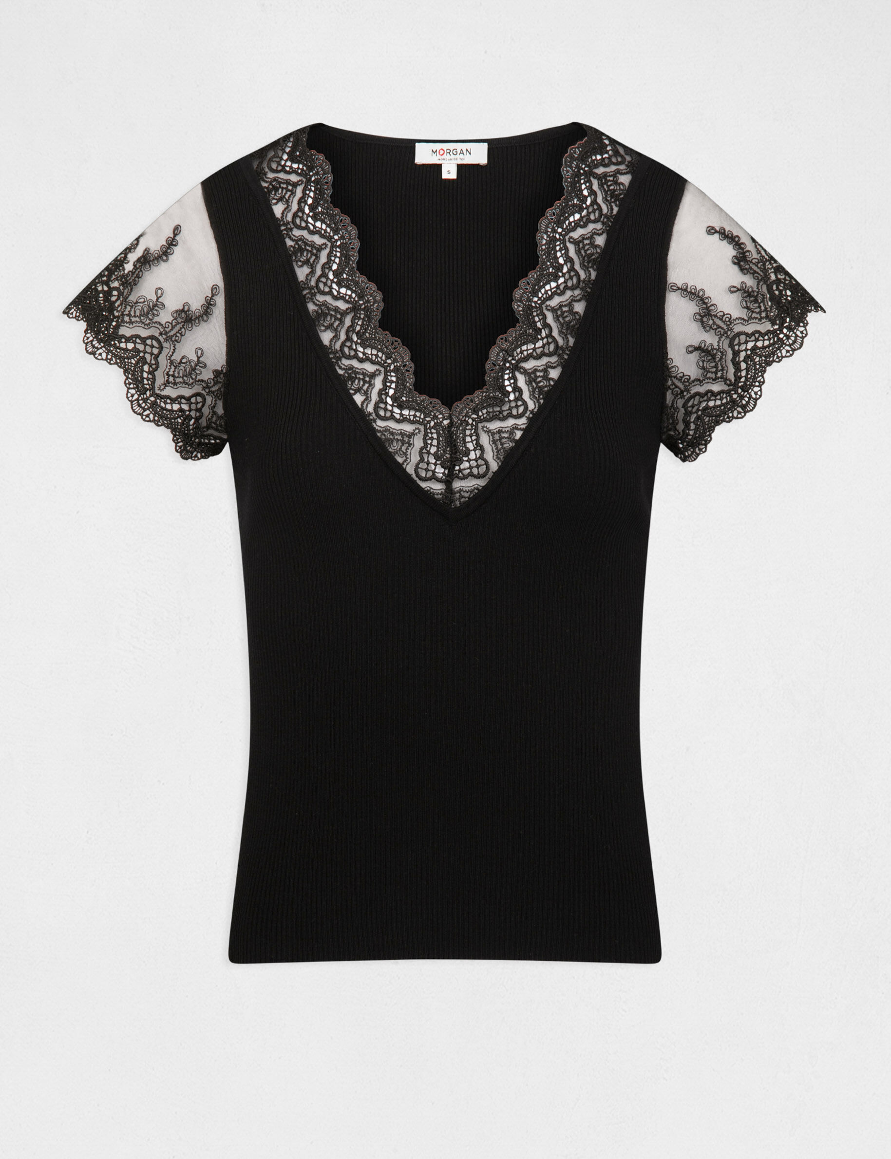Pull manches courtes à dentelle noir femme - noir