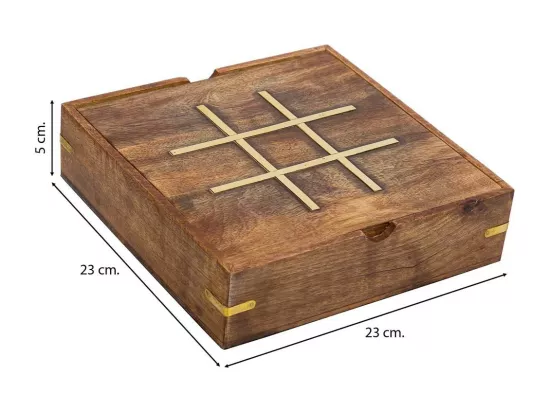 Jeu 5 en 1 (3 en ligne+domino+dés+2 cartes+solitaire) dans une boîte en bois marron 23x23xh