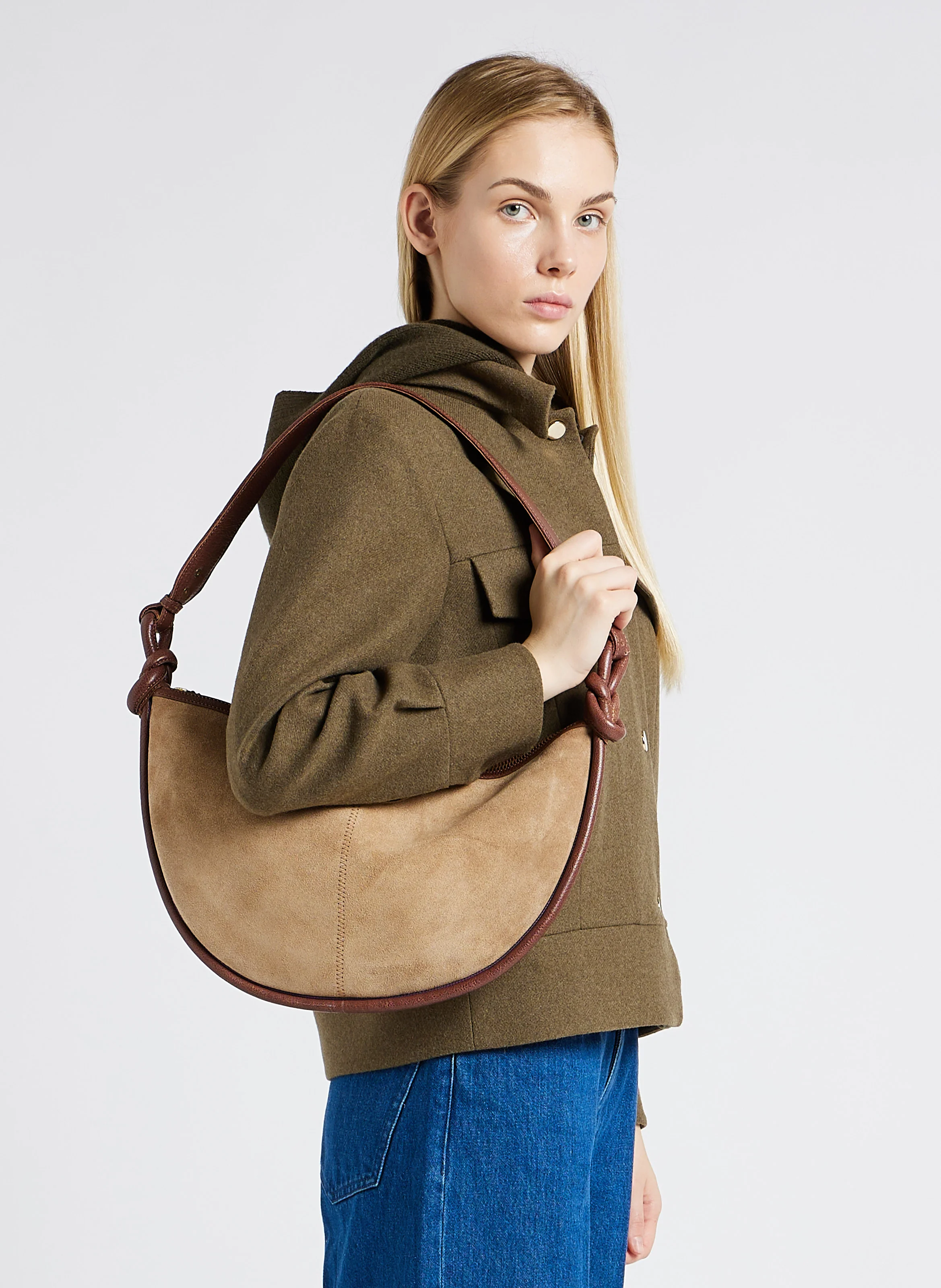CHRIS - Sac demi-lune en cuir velours | Beige
