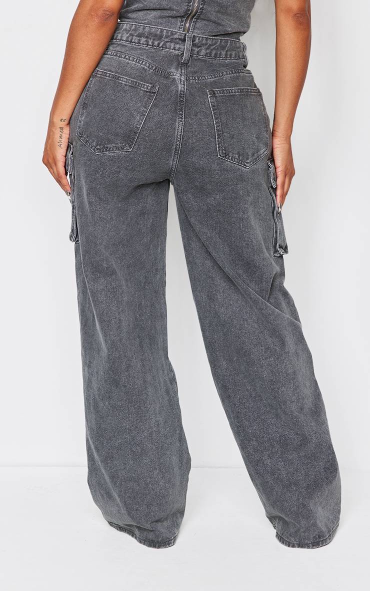 Charbon Jean Cargo Délavage Délavé Détail Poche Forme Ajustée