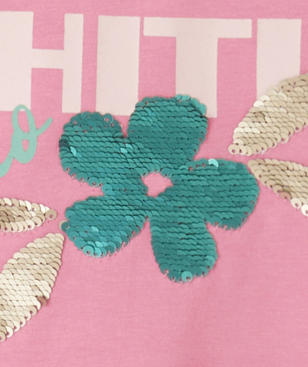 t-shirt manches courtes fille en coton bio rose motif tahiti