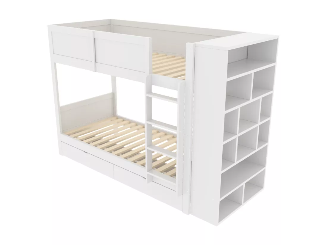 lit superposé 90 x 200 cm,lit enfant avec meuble de rangement, deux tiroirs de rangement, sommier à lattes,blanc