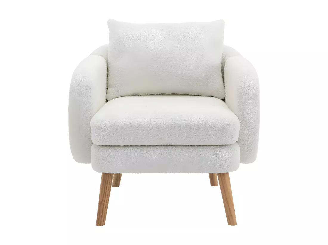 Fauteuil Canapé Fauteuil avec coussin à pieds en bois massif moderne et sobre en Teddy Tissu Blanc