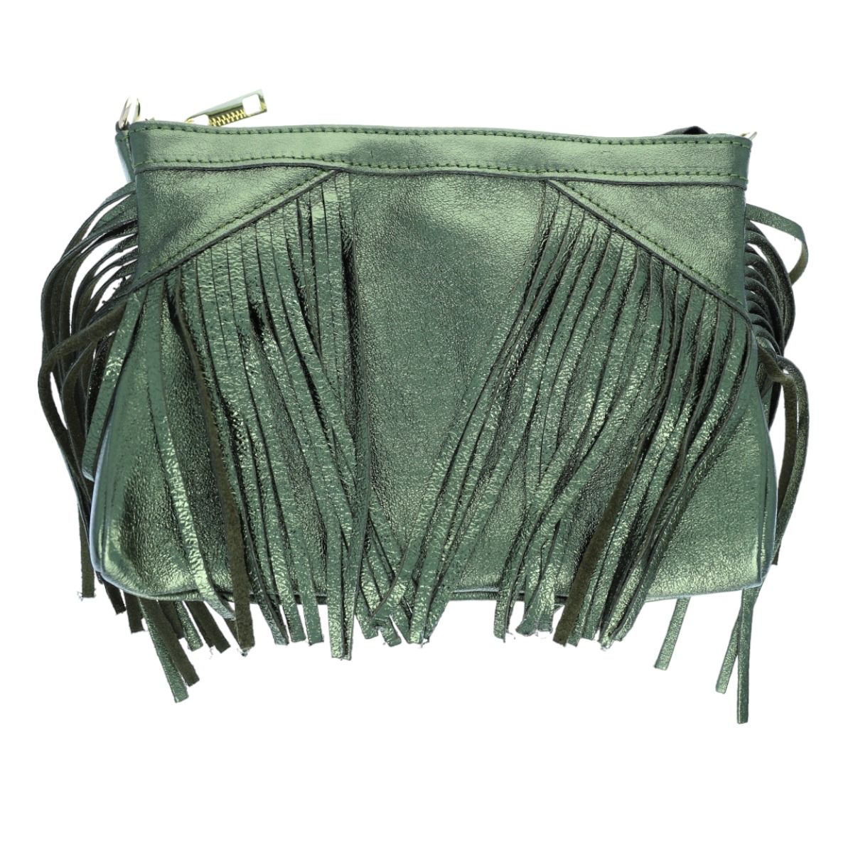 Sac à mains à franges cuir irisé vert olive Maison Suzanne