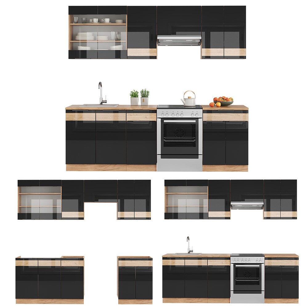 Vicco Küchenzeile Küchenblock Einbauküche Fame-Line Eiche Schwarz 240 cm modern Hochglanz Küchenschränke Küchenmöbel