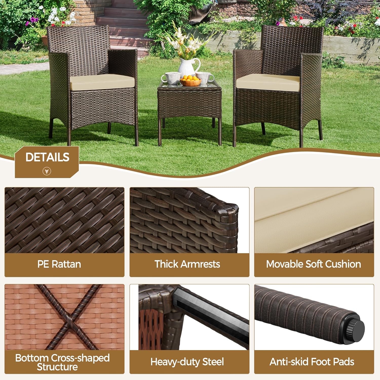 Yaheetech Balkonmöbel Set, Gartenmöbel-Set 3 TLG. inkl. 2 Stühle mit Sitzkissen & Tisch, Terrassenmöbelset Gartensitzgruppe Lounge Set aus PE-Polyrattan für Balkon Terrasse, Braun-Khaki