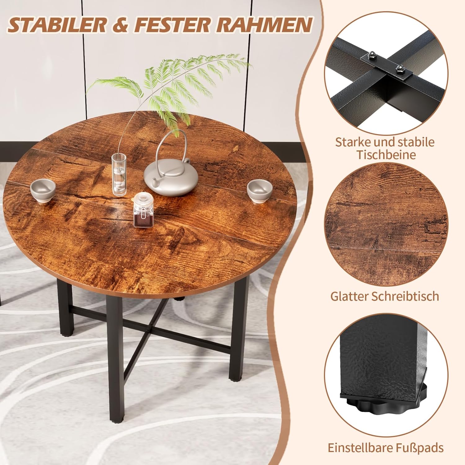 TWSOUL Runder Esstisch, Klapptisch, Kleiner Küchentisch für 2-4 Personen, 75cm Hohe Küchentisch Esszimmertisch, Verlängerungstisch, für Küche, Wohnzimmer, Büro ZY4999701