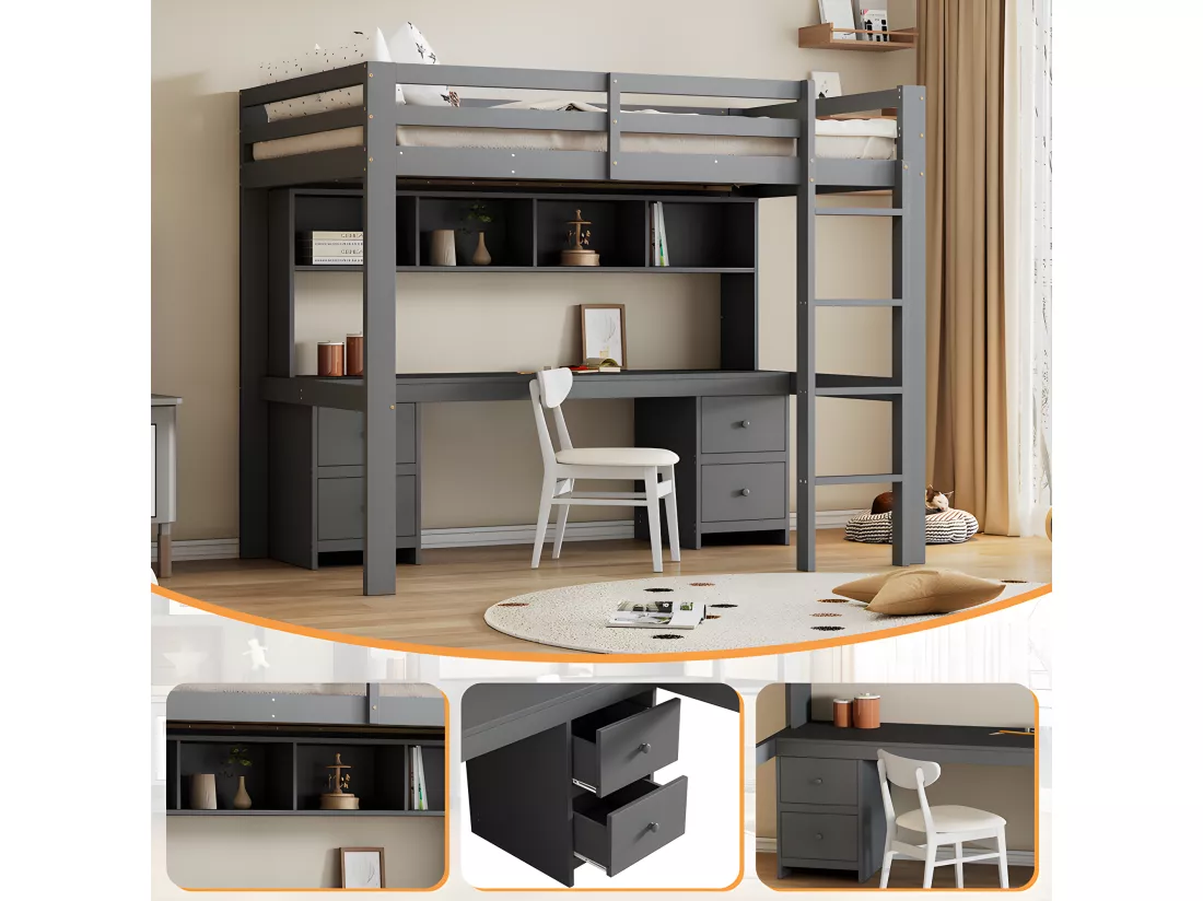 Lit mezzanine 90x200cm - avec bureau et 2 commodes - en pin massif et MDF - Gris