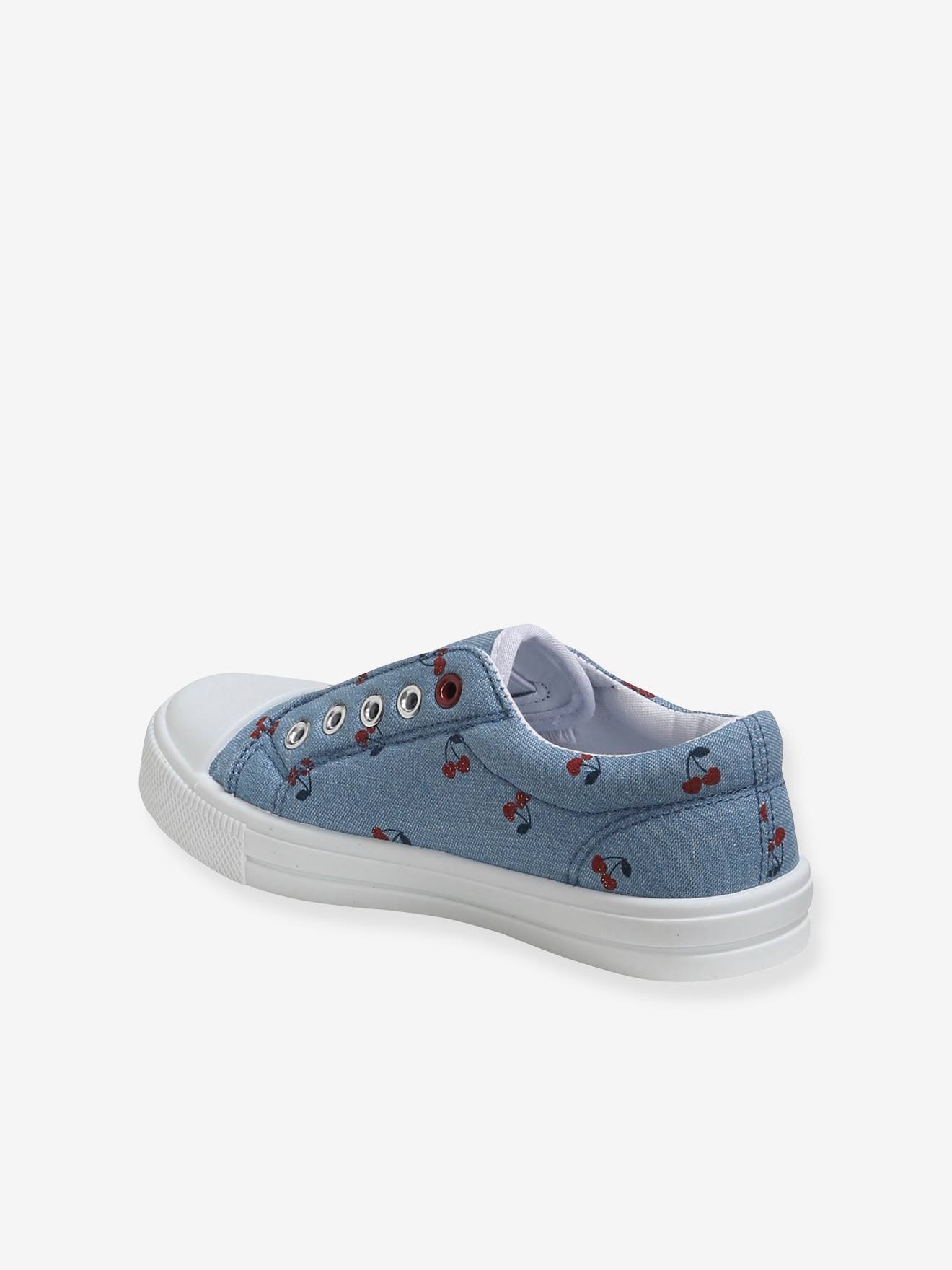 Tênis de tecido elástico para meninas, azul médio liso com estampas.
