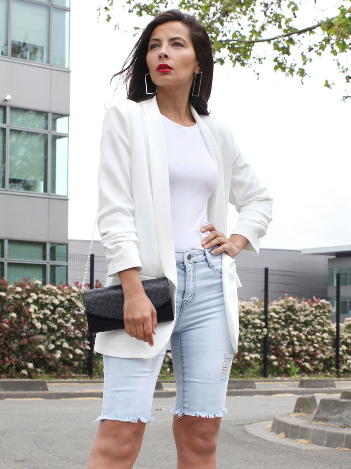 Veste blazer à manches retroussées- Blanc