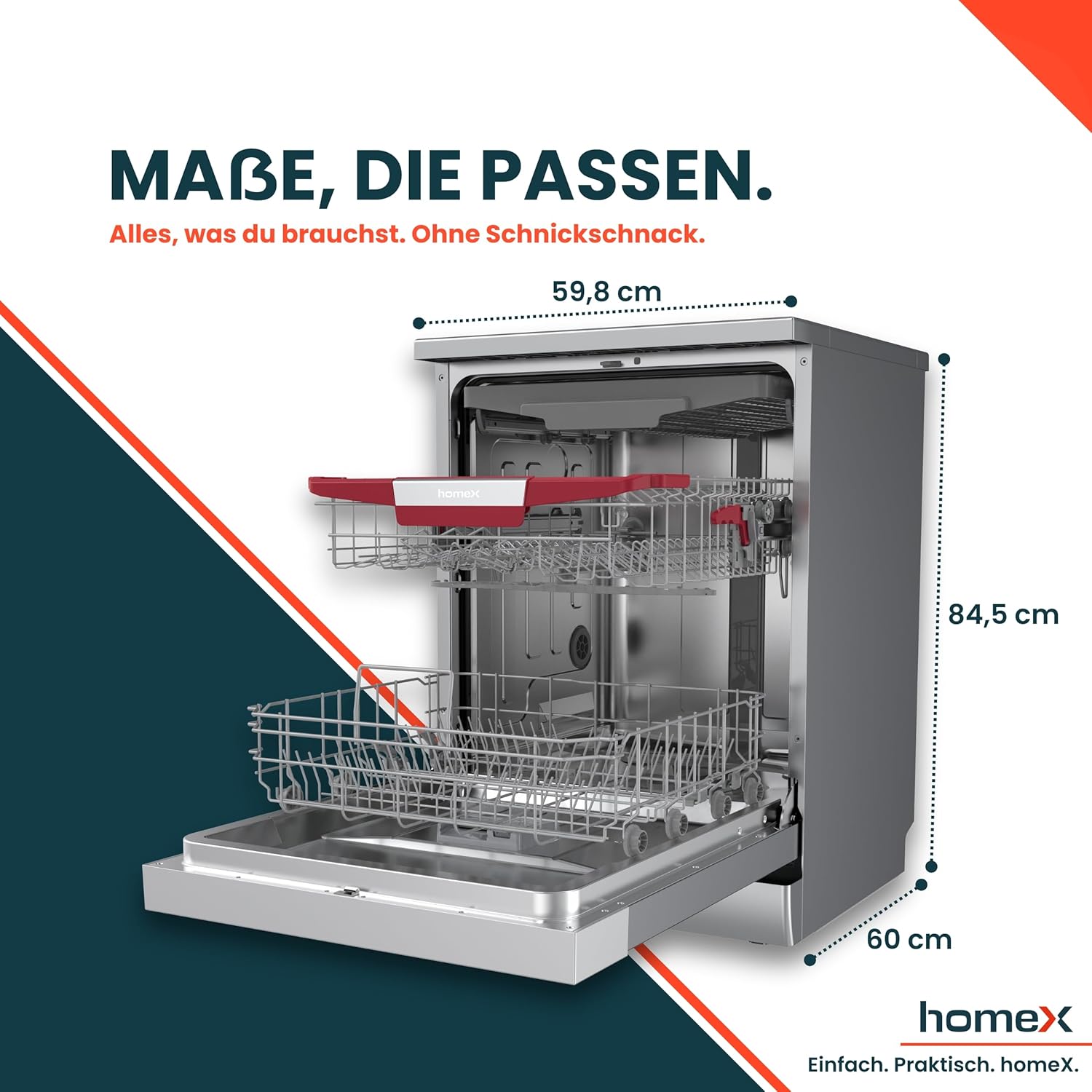homeX Geschirrspüler 60 cm, Spülmaschine freistehend - 14 Maßgedecke, 7 Programme, AquaStop, Besteckschublade, 44 dB, Startvorwahl, Überlaufschutz, Automatische Türöffnung, Unterbaufähig, Silber