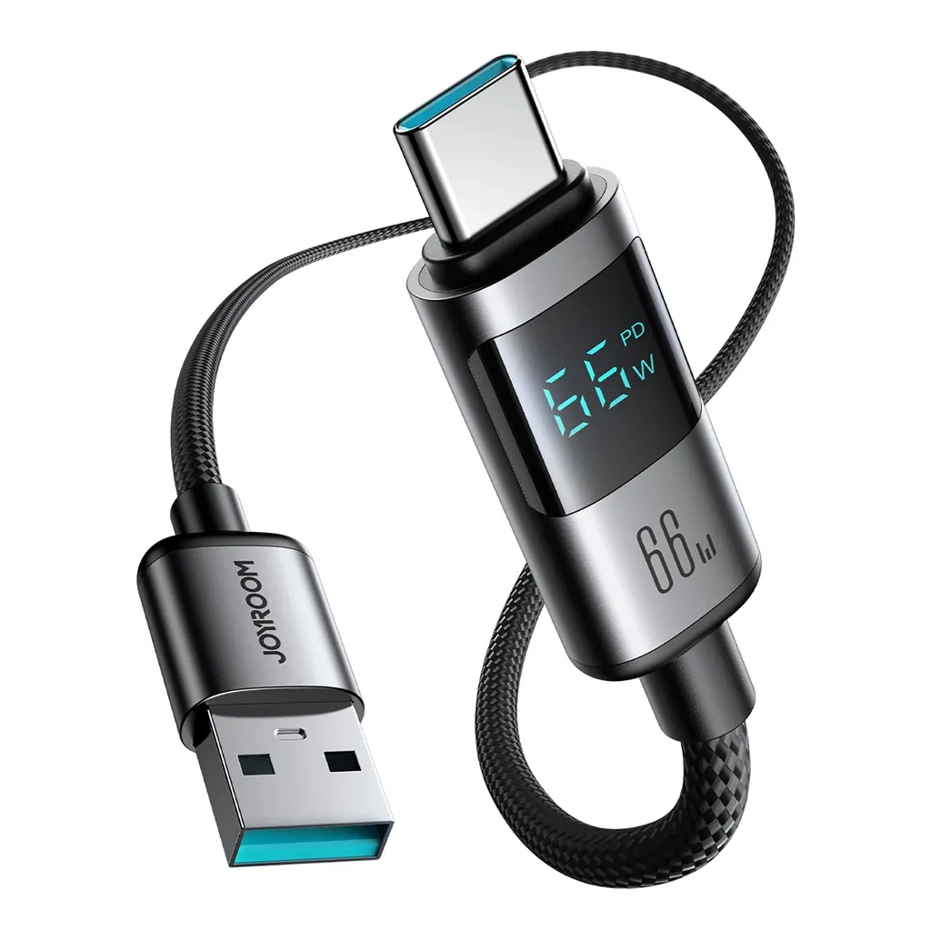 (1.2m) 66W USB A auf USB C Nylon Ladekabel Fast Charging PD Datenkabel mit Spannungs Anzeige - Schwarz