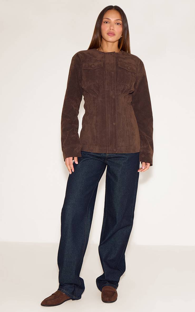 Chocolat Veste Tall En Faux Suède À Taille Cintrée Avec Boutons Recouverts